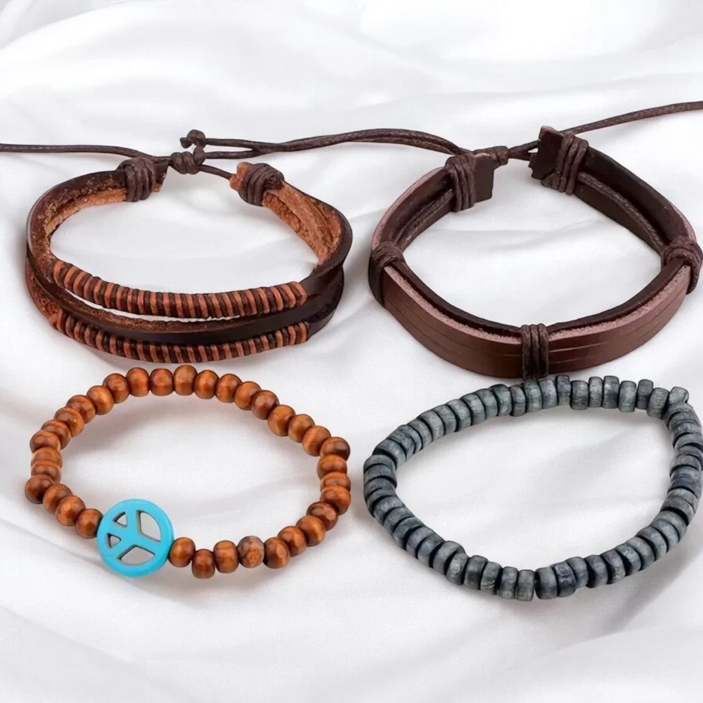 4pc Multi-layer Cool Bracelet,‎ Unisex Wooden Beads PU Leather Braided Bracelet